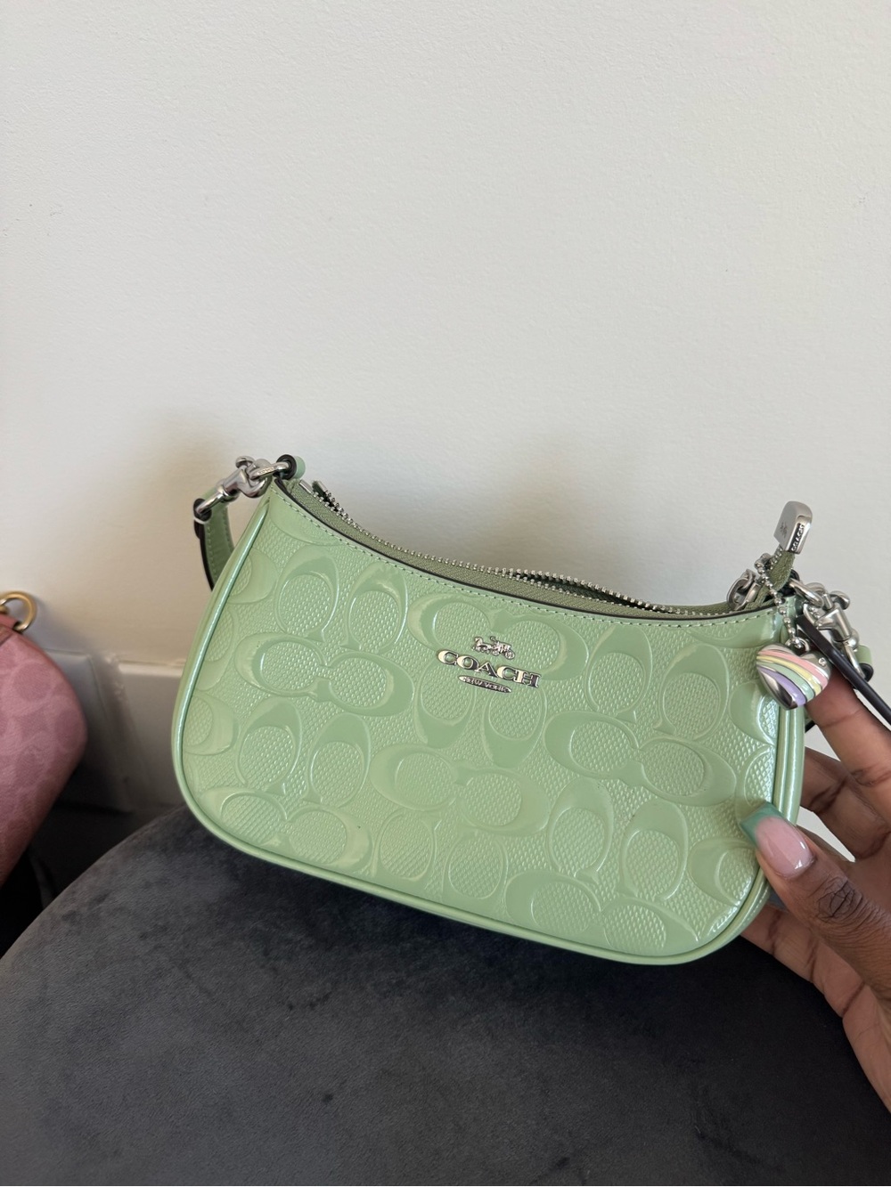 Coach Mini Signature Embossed Shoulder Bag in Mint Green